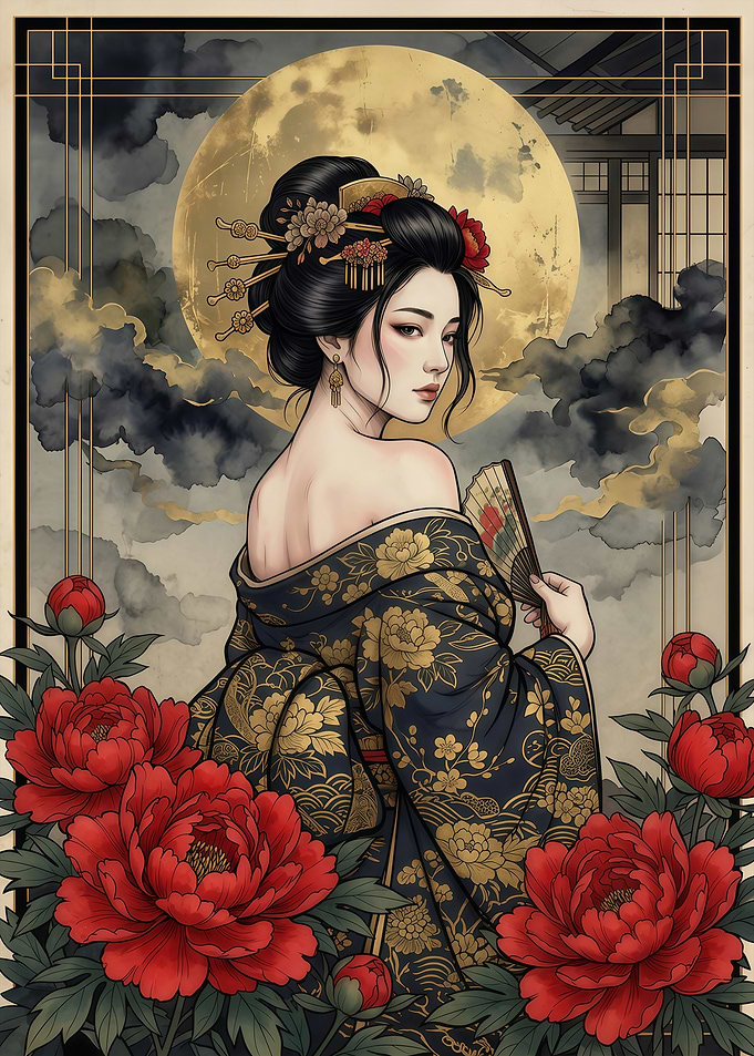 Elegant Geisha with Peonies and Moon