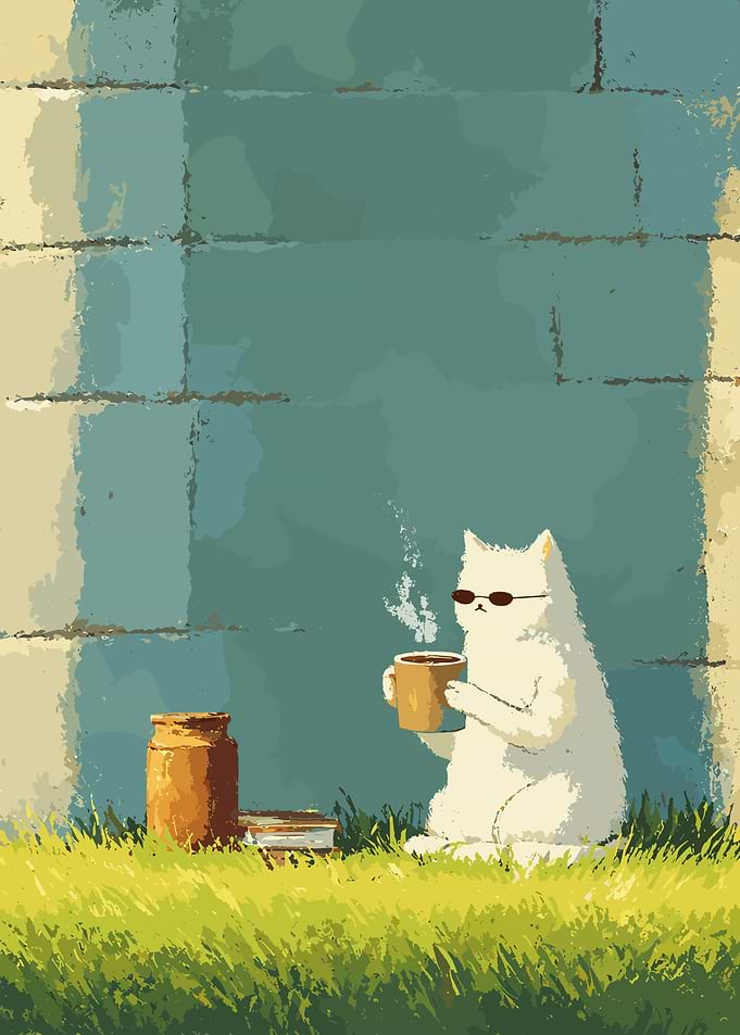 Cool White Cat Drinking Coffee