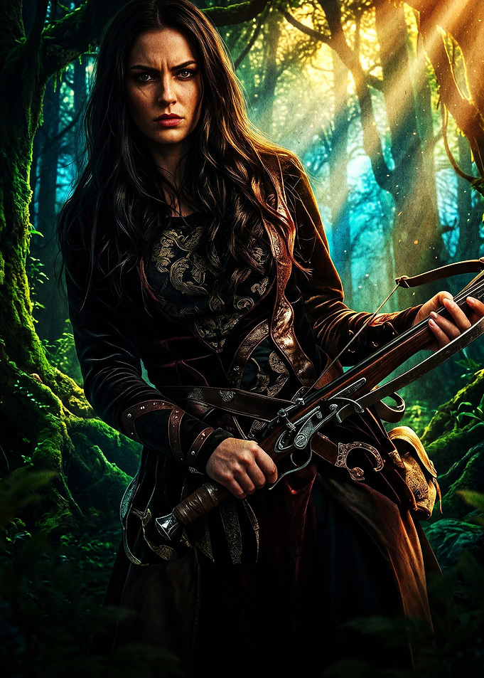 Female Hunter with Crossbow in Forest