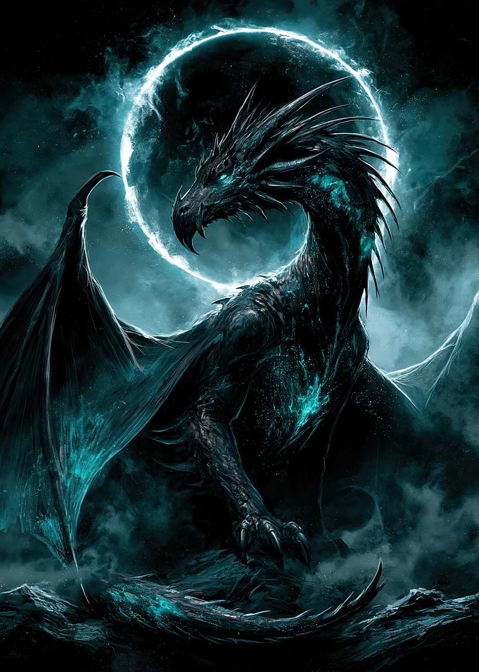 Ethereal Dark Dragon Under Moon
