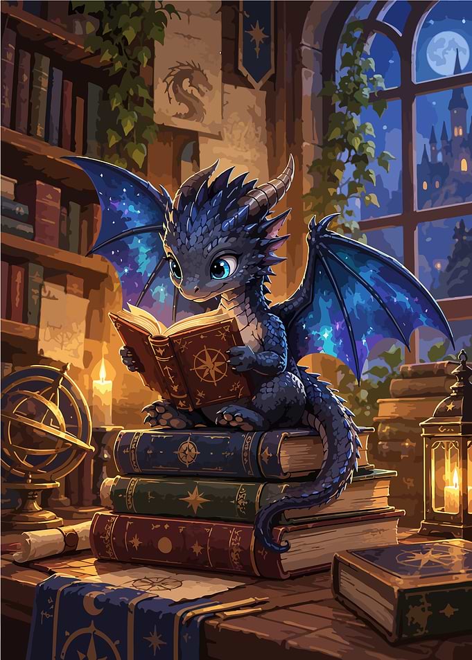 Cute Baby Dragon Reading in Library