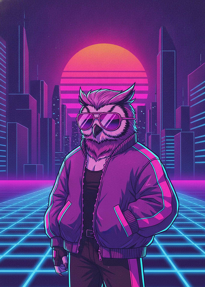 Retro Synthwave Owl in Jacket