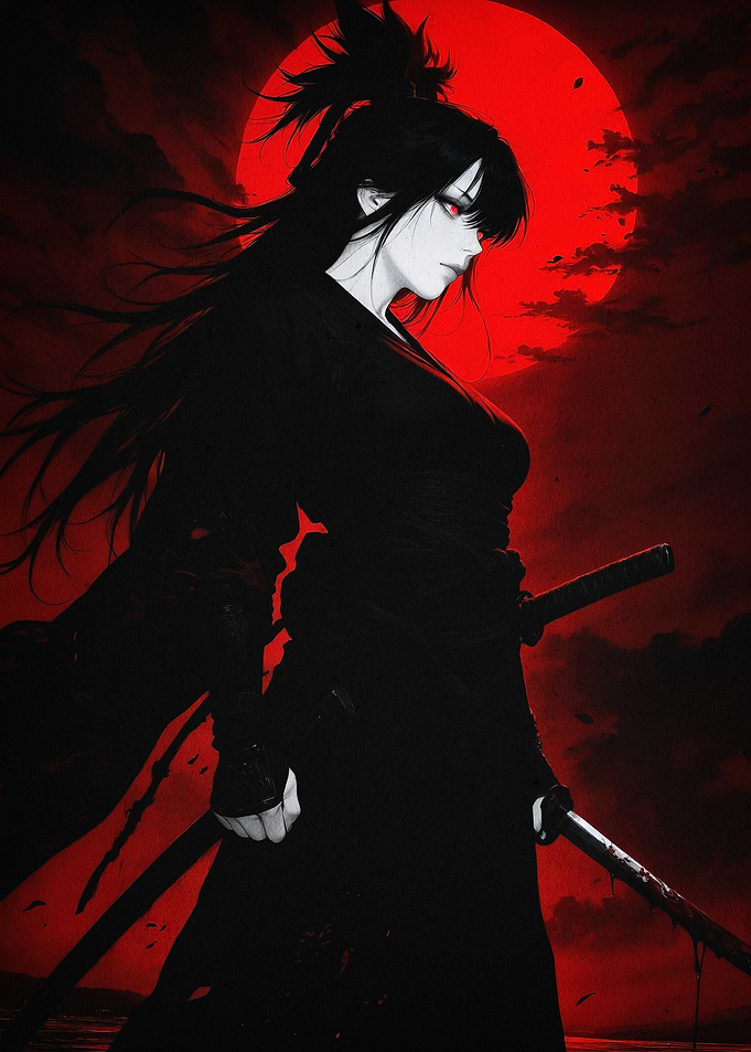 Samurai Girl Red Moon Dark Art