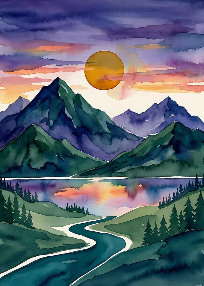 Watercolor Mountain Landscape at Sunset