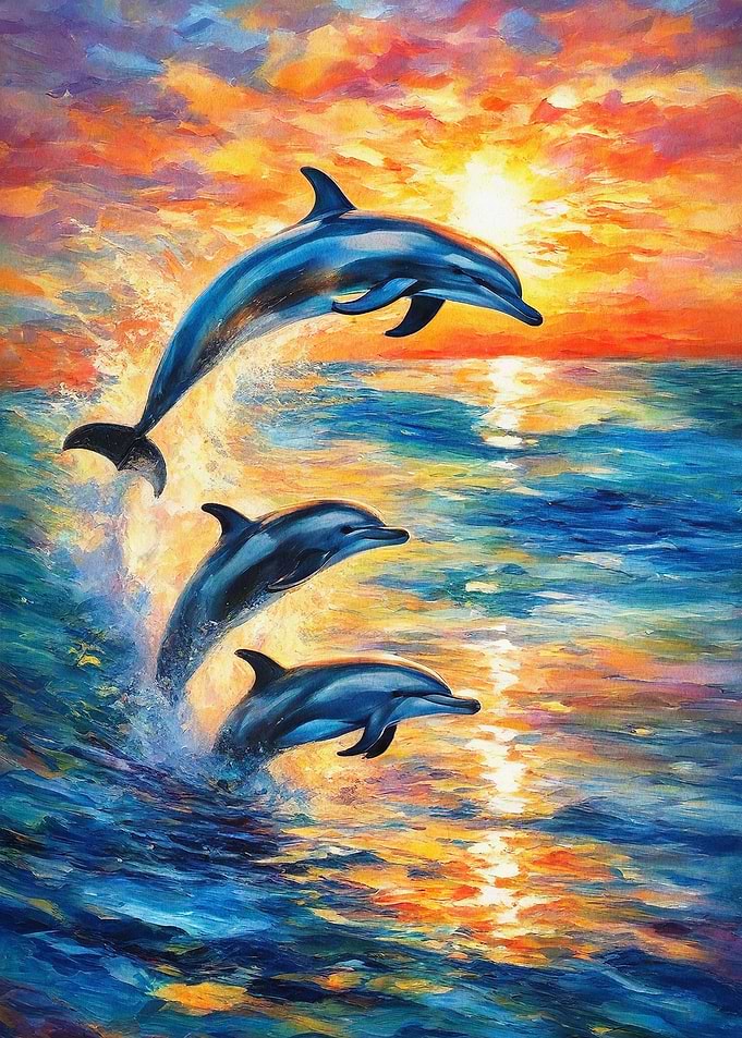Dolphin Sunset Oil Painting Poster
