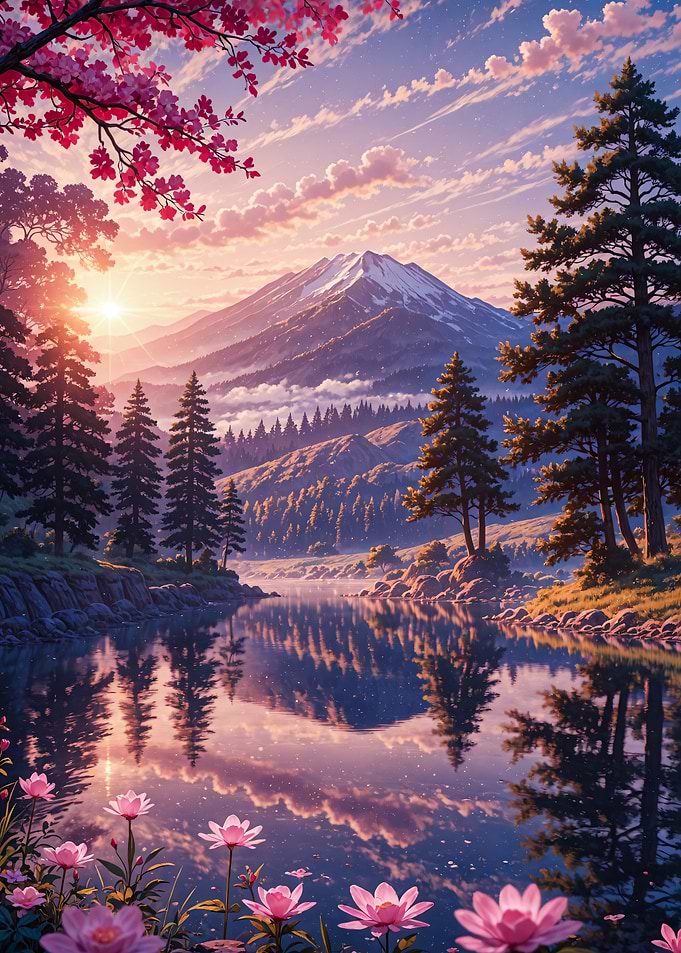 Serene Mount Fuji Lake at Sunset Cherry Blossom Japan
