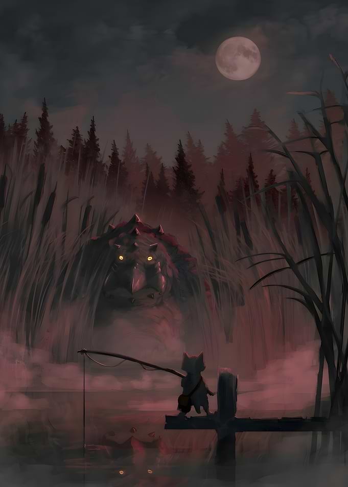 Small Cat Fishing Near Giant Monster