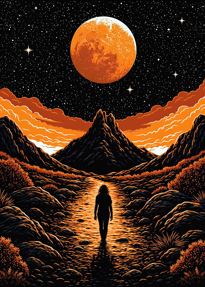 Silhouette Walking Toward Orange Moon