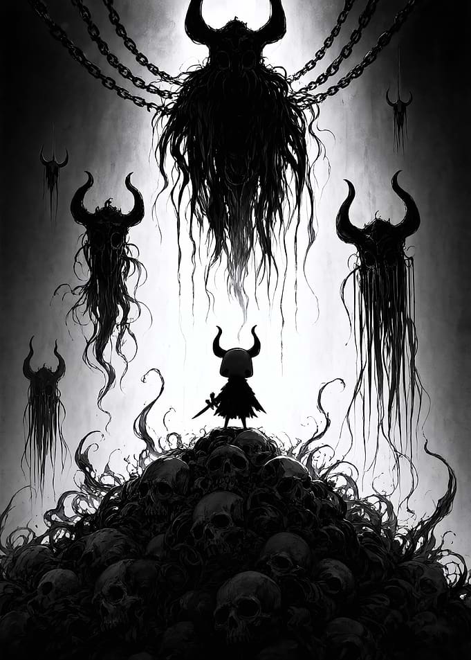 Hollow Knight Standing on Skull Pile