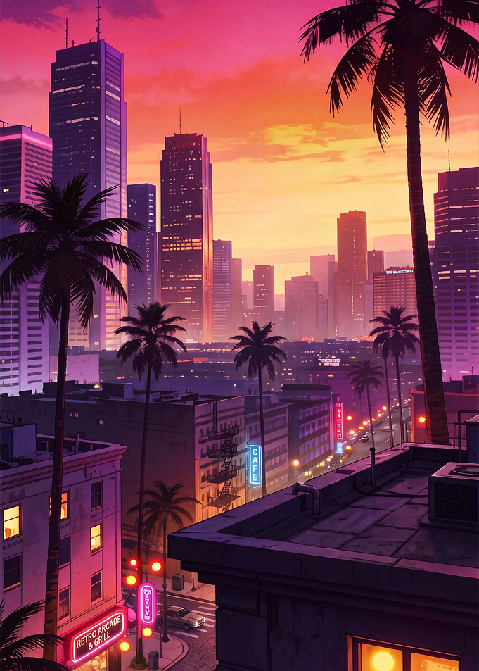 Vibrant Synthwave City Sunset