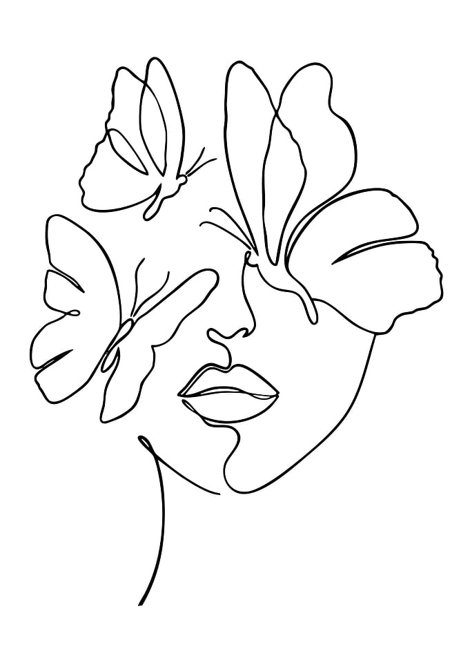 Minimalist Line Art Woman with Butterflies