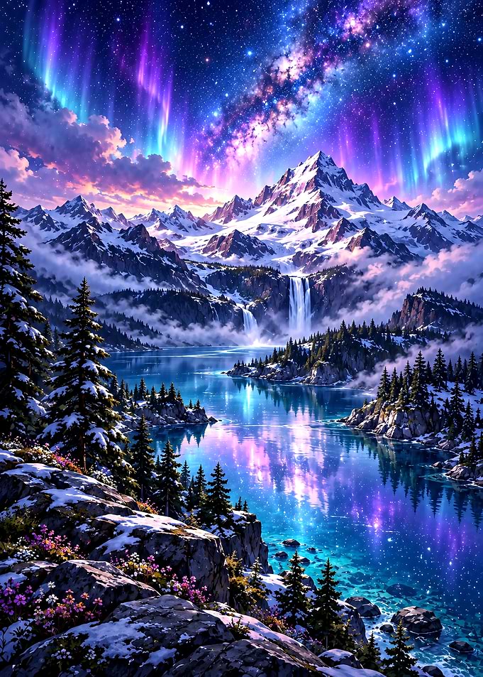 Aurora Borealis Over Snowy Mountain Lake