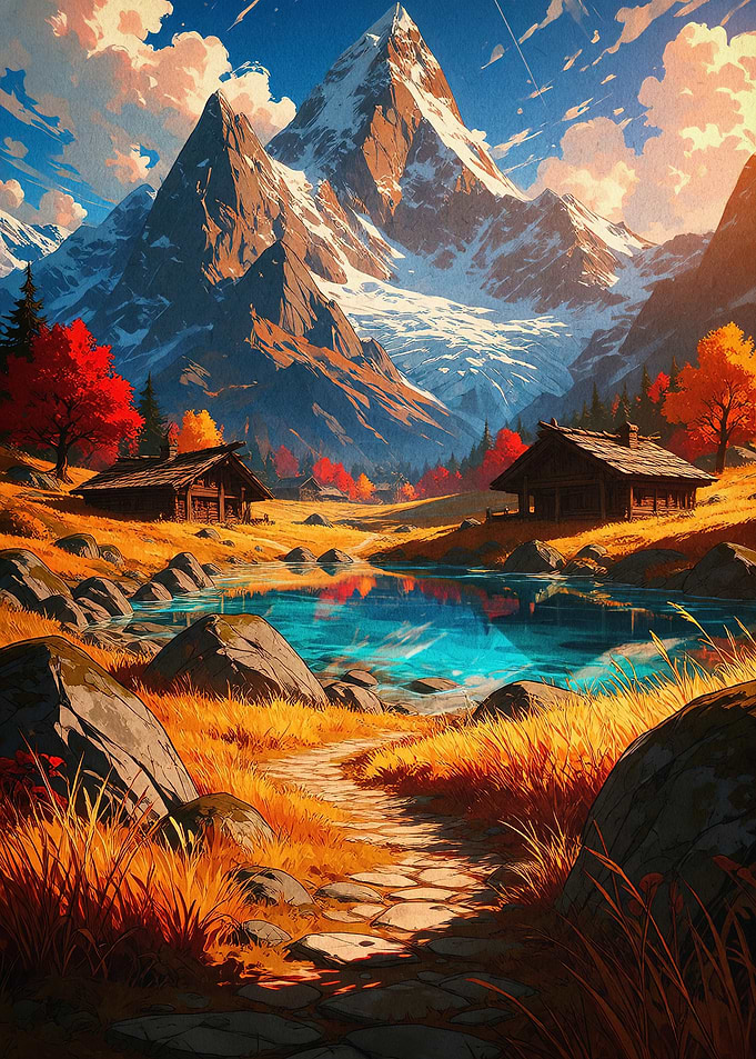 Alpine Mountain Valley Sunset Art
