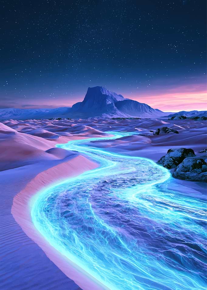 Glowing Neon River in Desert Landscape