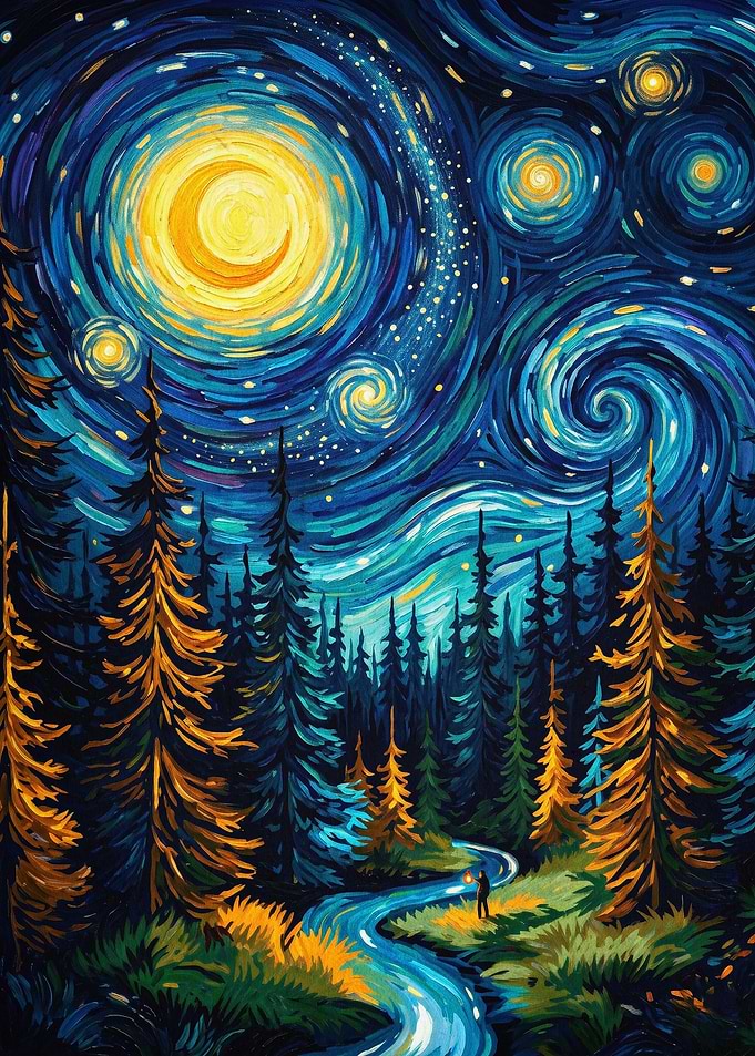 Starry Night Forest Impasto Art