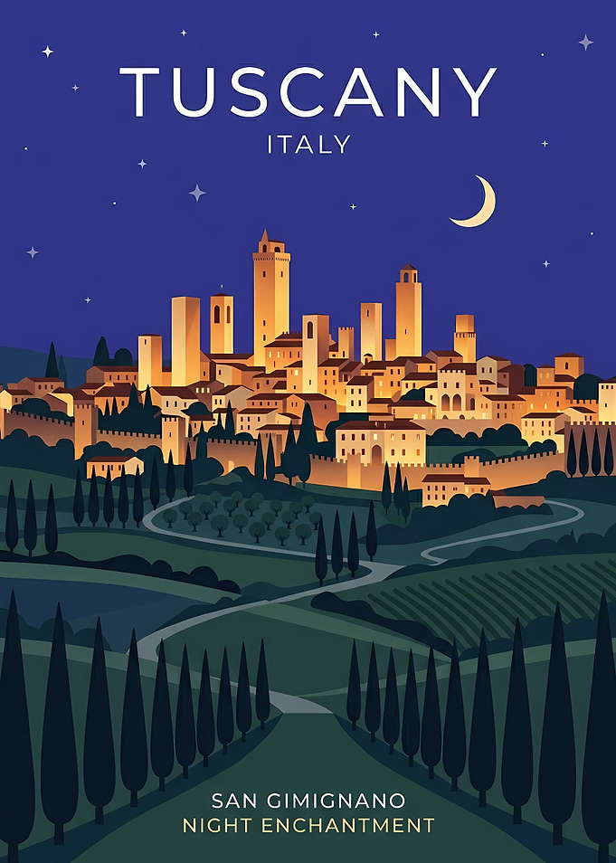 Tuscany San Gimignano Night Travel Poster