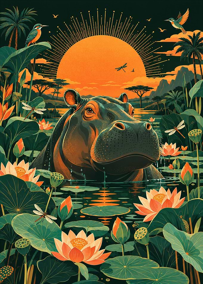 Hippo in a Lotus Pond