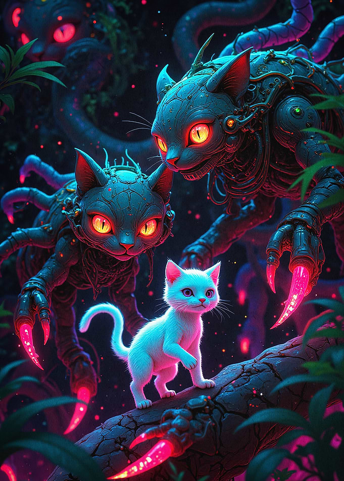 Cyberpunk Cat Mech Dark Fantasy Art