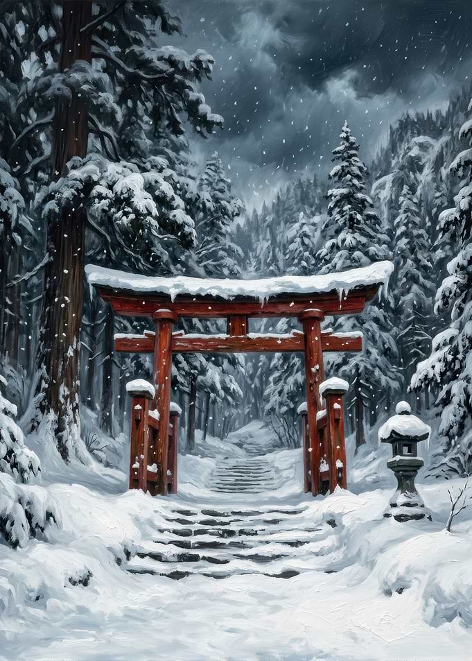 Snowy Torii Gate in Winter Forest
