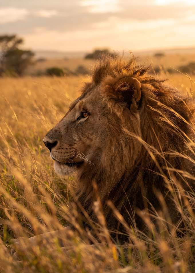 Majestic Lion in Golden Savannah Grass