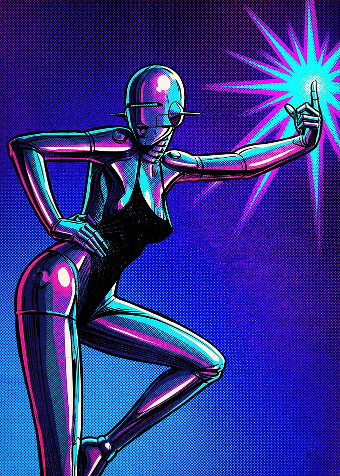 Retro Futuristic Chrome Robot Woman