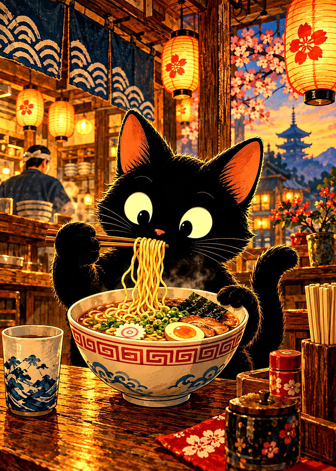 Black Cat Eating Ramen in Japan