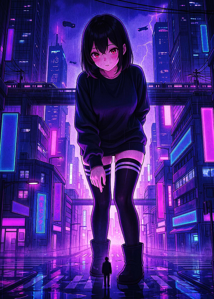 Giant Anime Girl in Cyberpunk City