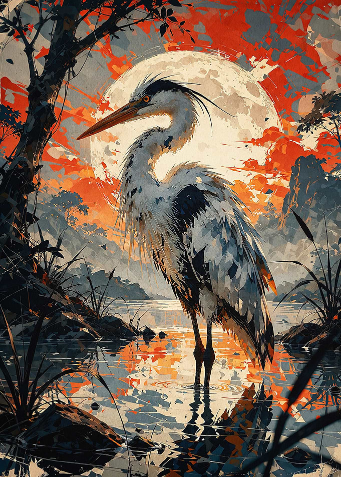 Heron Red Moon Japanese Art