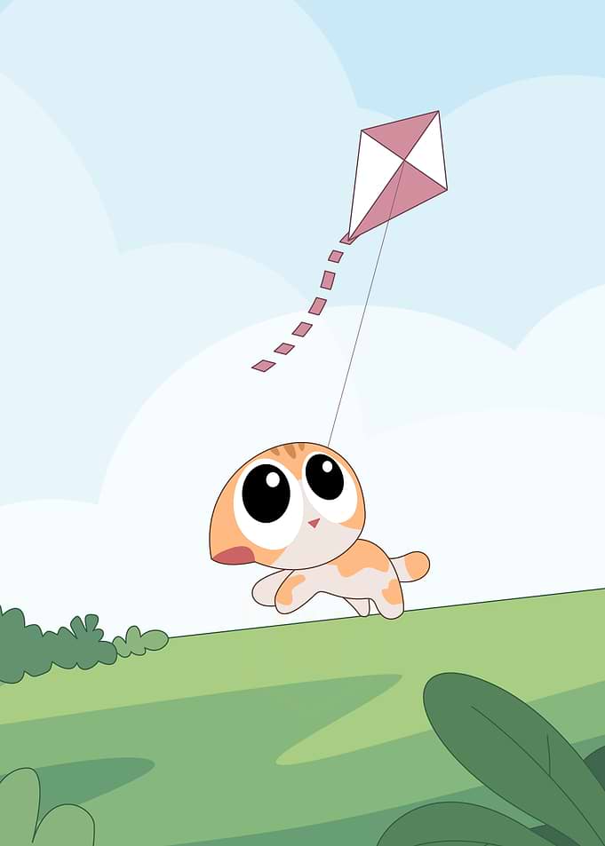 Cute kitten flying a kite