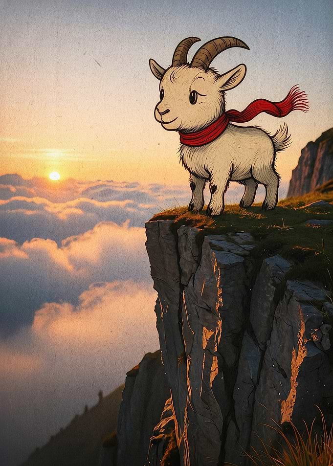 Cute Goat Cliff Sunset Art Poster