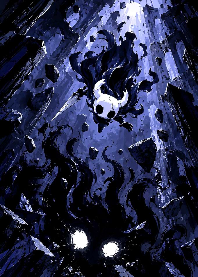 Hollow Knight descending into darkness
