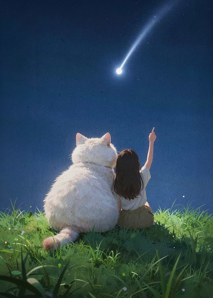 Girl Cat Shooting Star Cozy Art