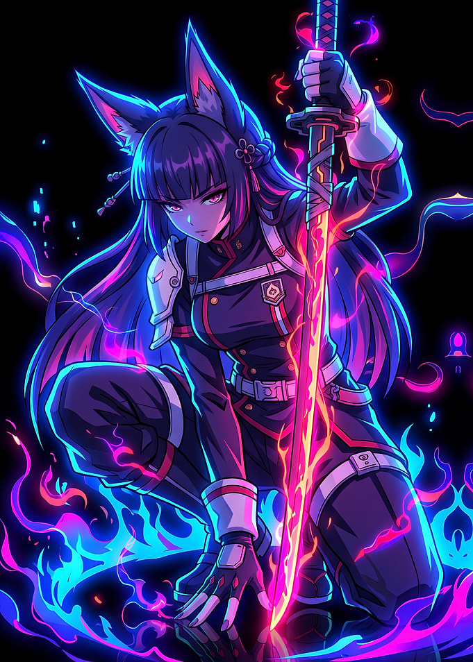 Anime Fox Girl Warrior with Katana