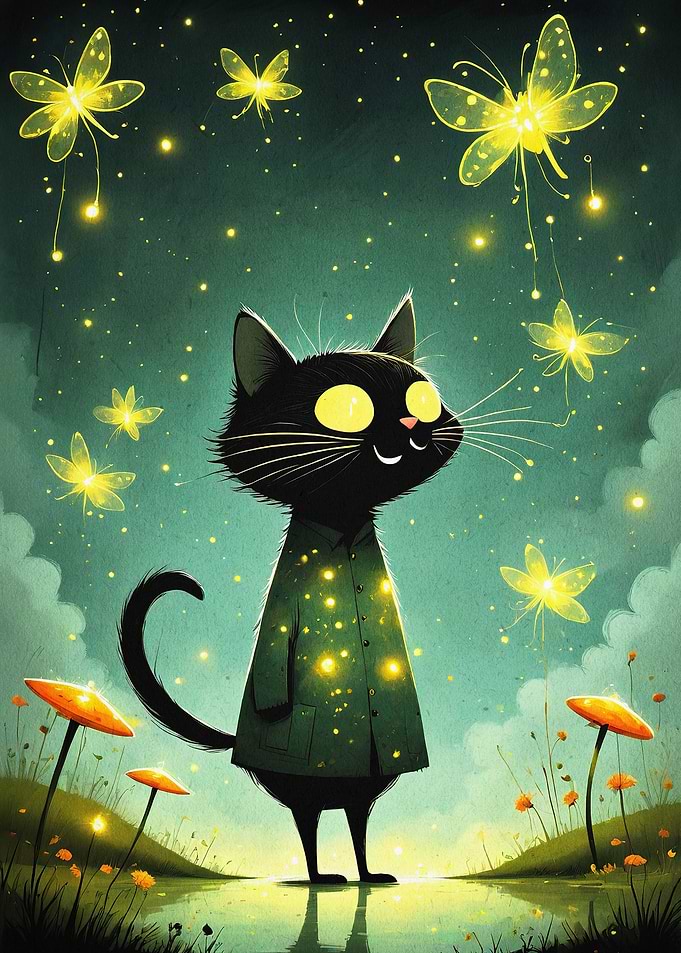 Magical Cat Fireflies Fantasy Art