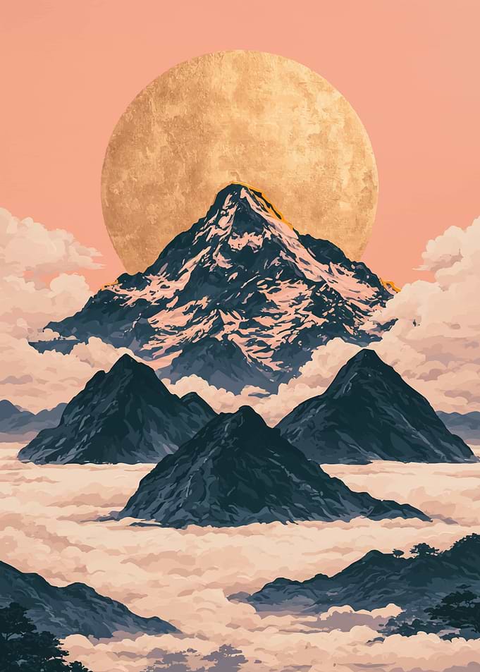 Golden Moon Over Mountain Peaks