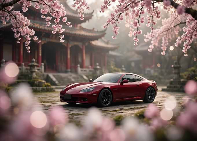 Red Sports Car at Japanese Temple