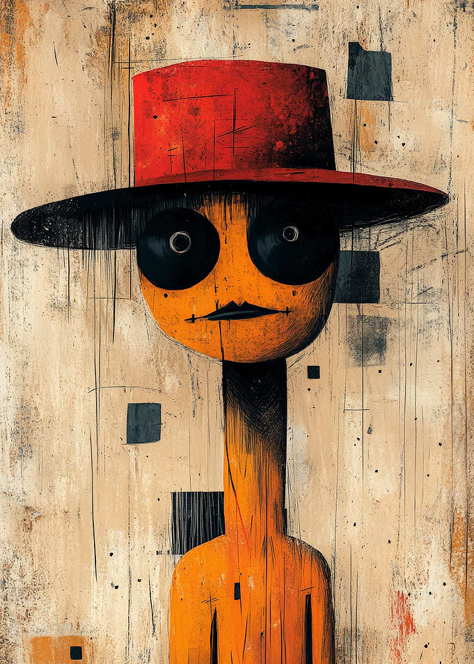 Abstract Orange Character in Red Hat