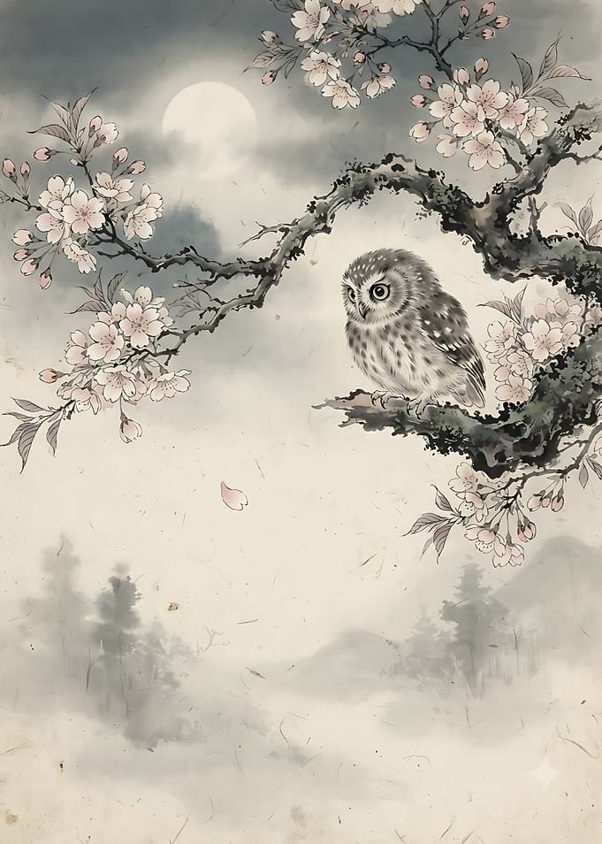Owl Perched on Cherry Blossom Branch
