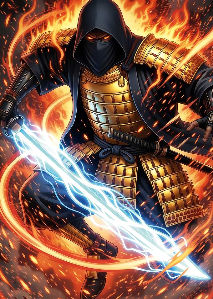 Electric Samurai Warrior in Flames
