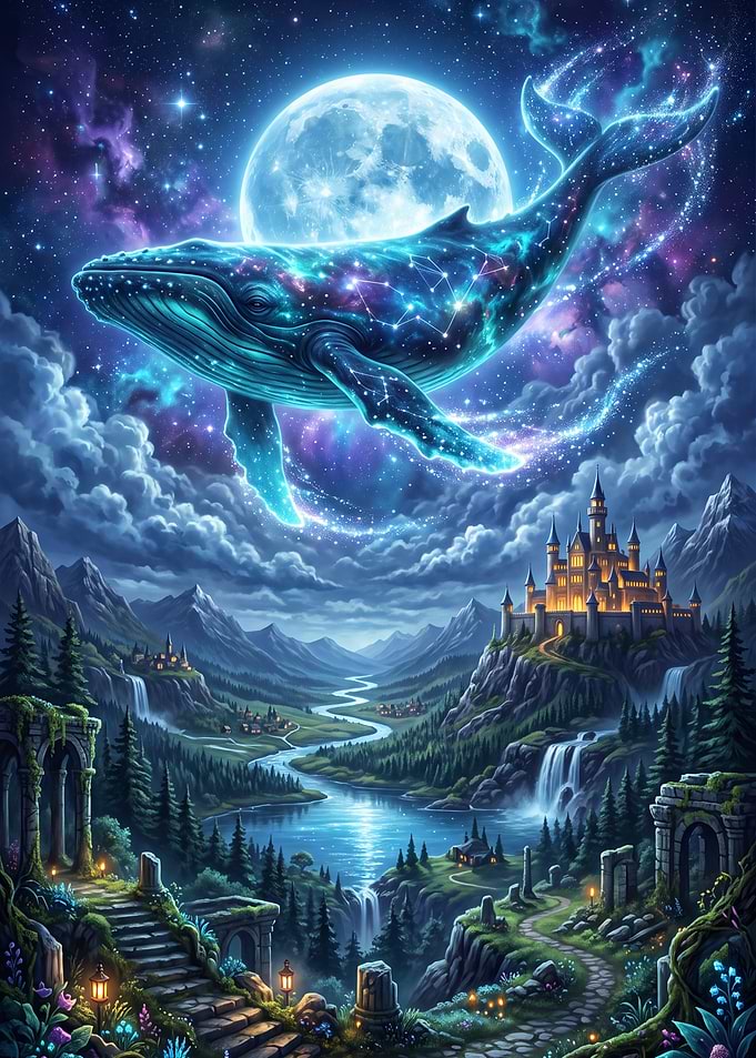Cosmic Whale Over Fantasy Kingdom