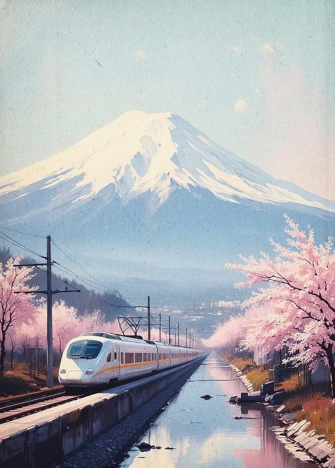 Japan Train Mount Fuji Retro Art
