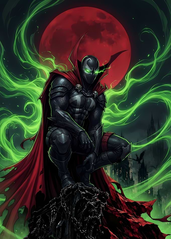 Spawn Crouching Under Red Moon