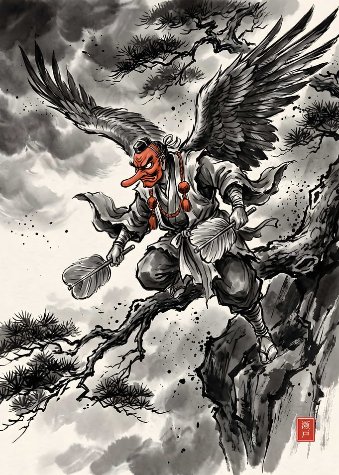 Tengu Mountain Spirit Sumi-e Ink Art