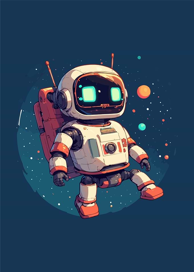 Cute Robot Astronaut in Space Retro