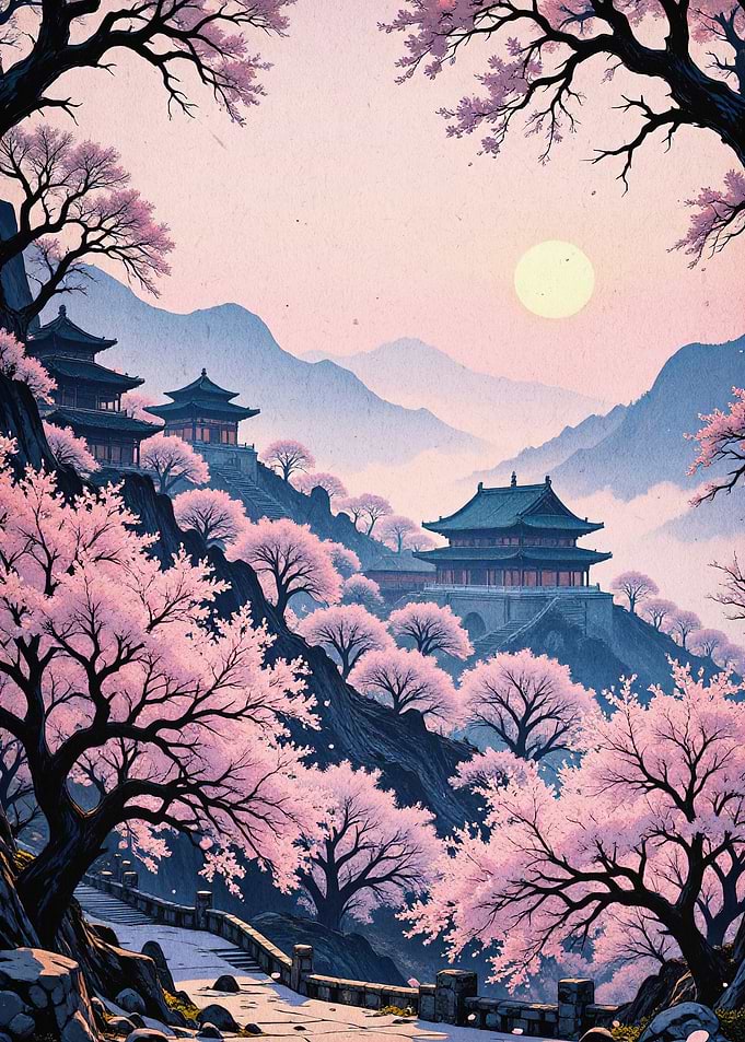 Cherry Blossom Temple Japanese Art