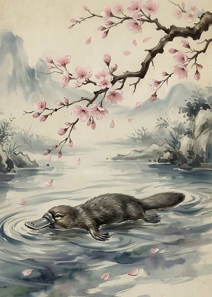 Platypus Swimming Under Cherry Blossoms