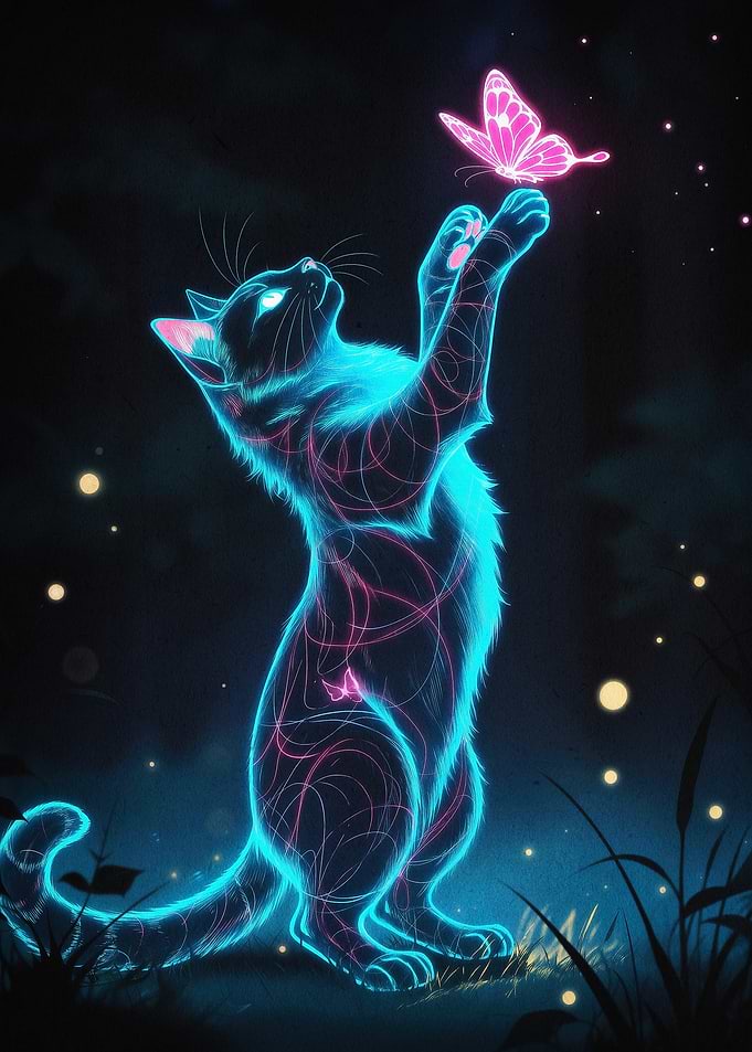 Neon Cat Butterfly Glow Dark Art
