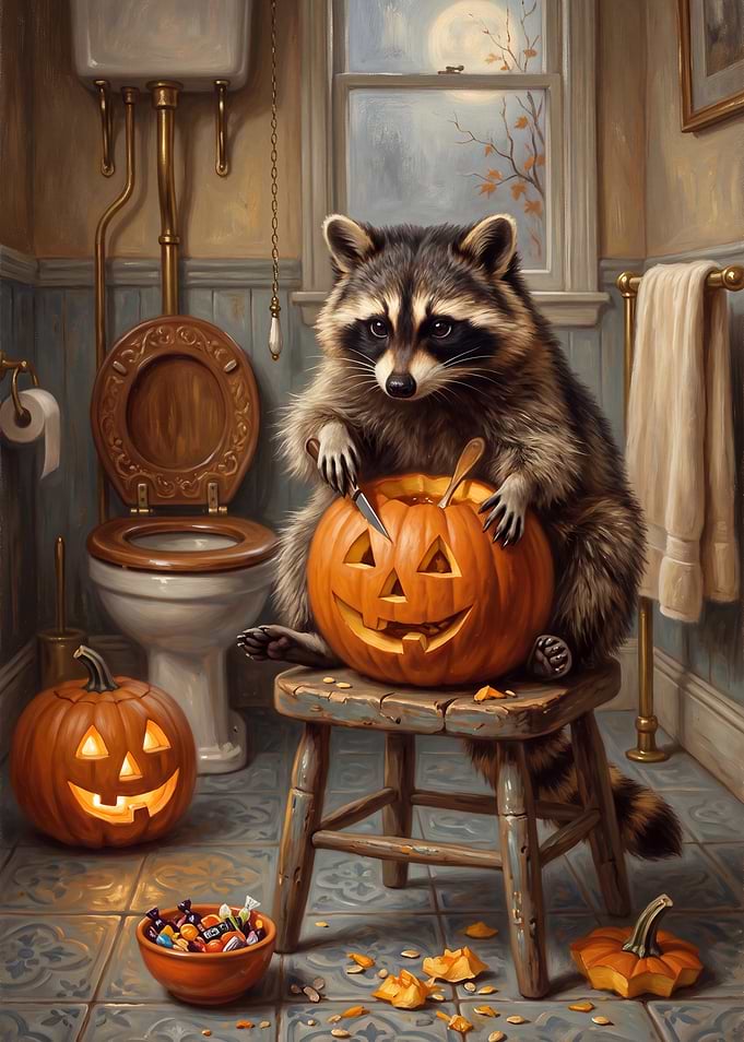 Raccoon Carving a Jack-o'-Lantern – Halloween Bathroom Wall Art