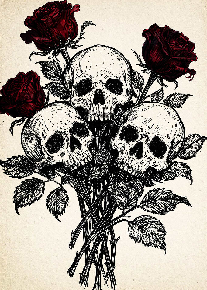 Three Skulls and Red Roses Bouquet