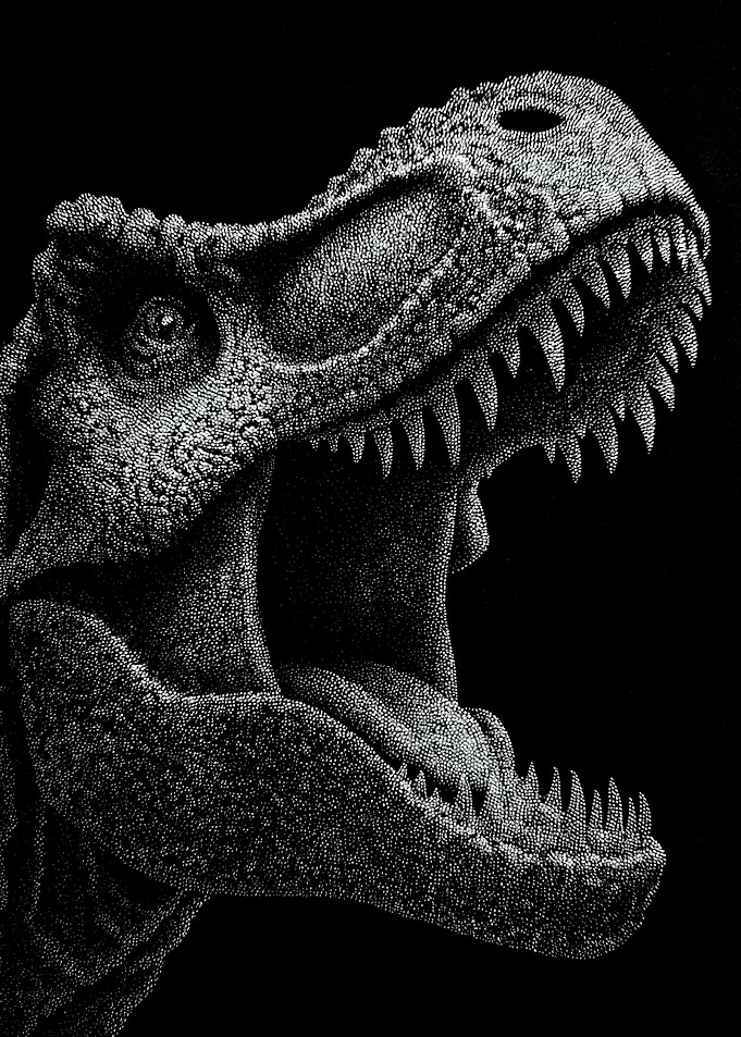 Roaring Monochrome Tyrannosaurus Rex In Stipple Dotwork
